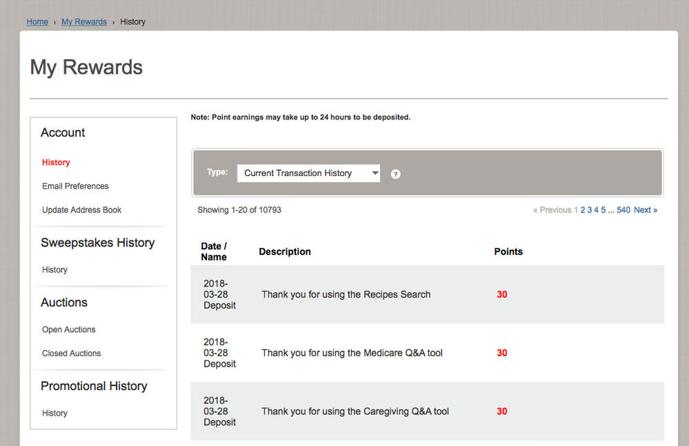The My Rewards History page, from which you can monitor all sorts of  account activity.