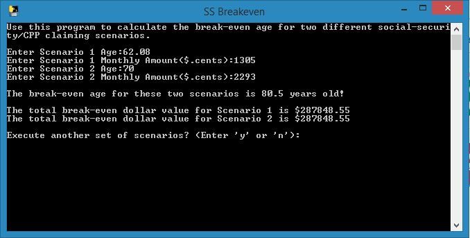 Social security break-even calculator display
