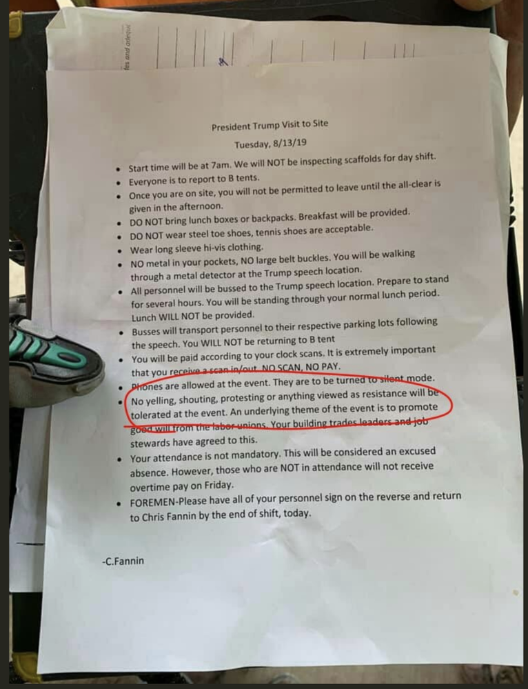 prior to Trump’s appearance, a site contractor for Royal Dutch Shell sent a memo to union leaders.
