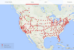 Map of Tesla Super Charger stations. Does not include changing stations not Testa.