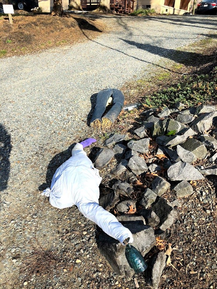 After the new year, a bomb cyclone hit the area and Dora bit the gravel.  She died with her head up her butt, but she hung on to her wineglass. (Later that night, her torso was blown out into the street.  It was dark, so no pictures, but I was LMAO as I had to drag her back before someone called the police.)