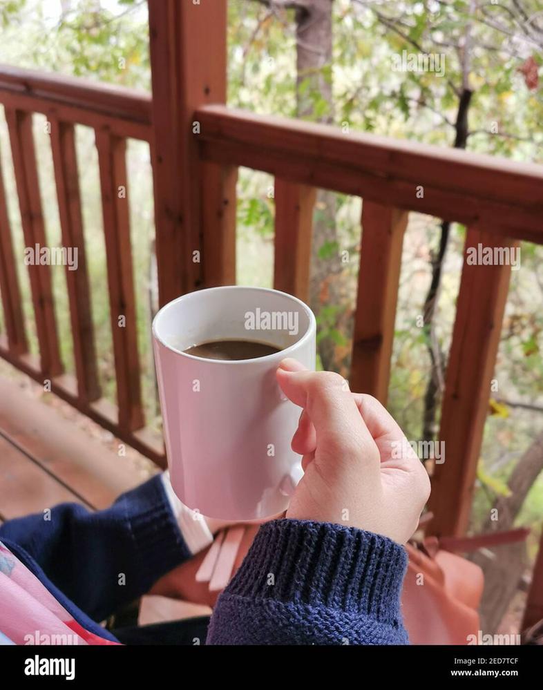 girl-hands-holding-a-coffee-mug-on-a-wooden-house-balcony-at-country-forest-resort-2ED7TCF.jpg