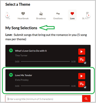 3) Click song title; and 4) Song is added to "My Song Selections"