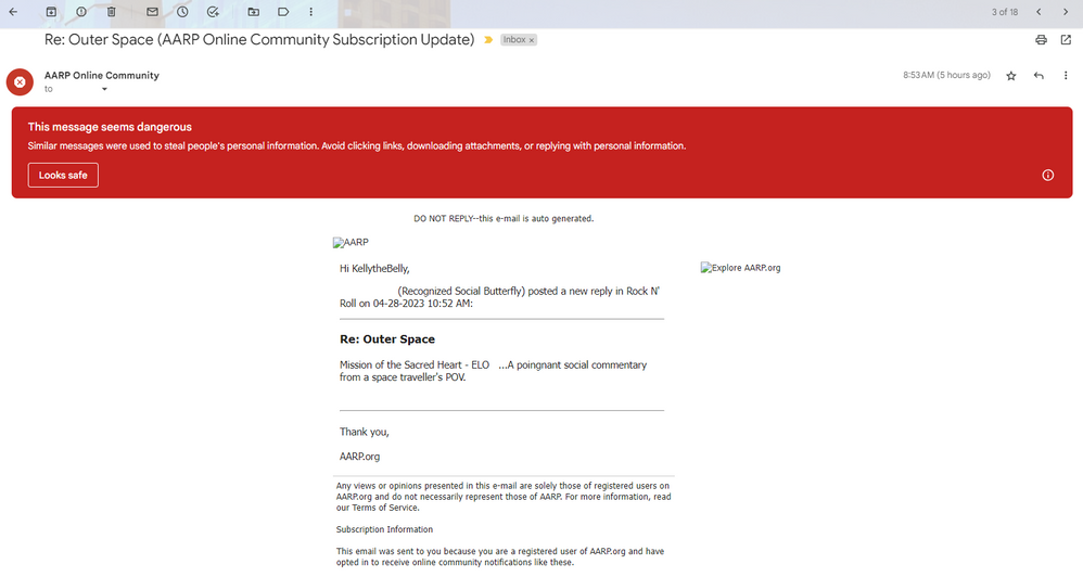 WTH received a glaring red dangerous alert from AARP email.png