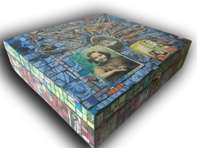 Recycled legacy art box with paper mosaic and photo transfer