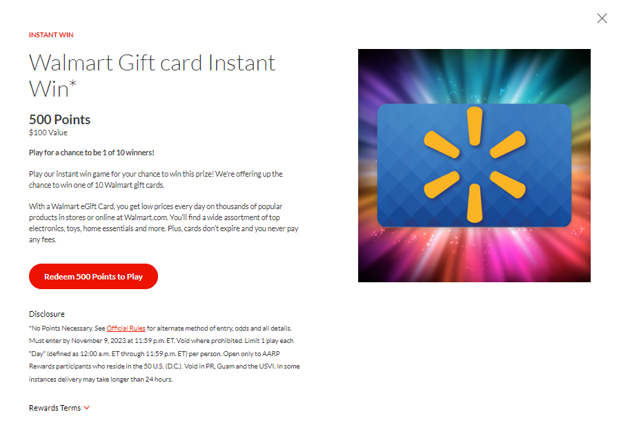 Walmart Gift card Instant Win* 500 Points 100 Val... AARP Online